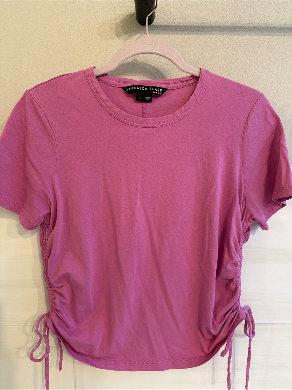 Veronica Beard Rose Pink Side-Ruched Crewneck Tee